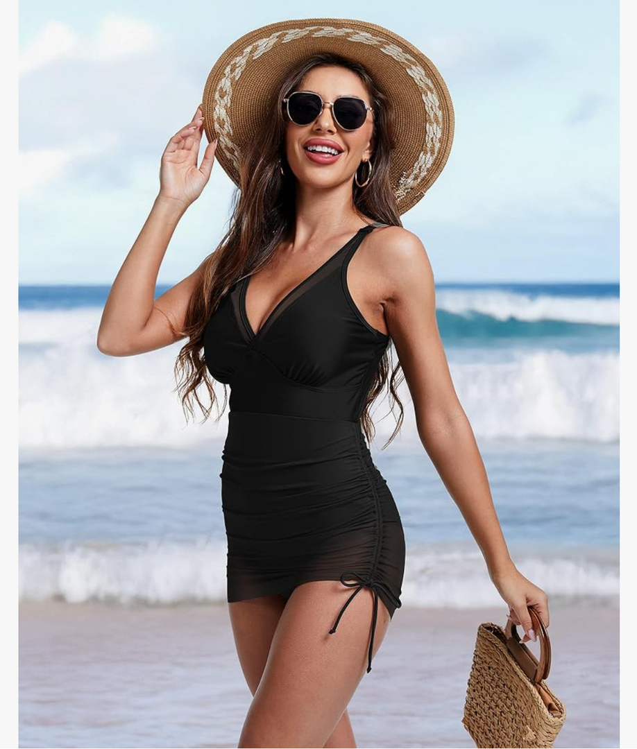 Women One Piece Swim Dress Mesh Tummy Control Swimsuit Sexy Slimming Skirt Bathing Suit V Neck Adjustable Straps Size M