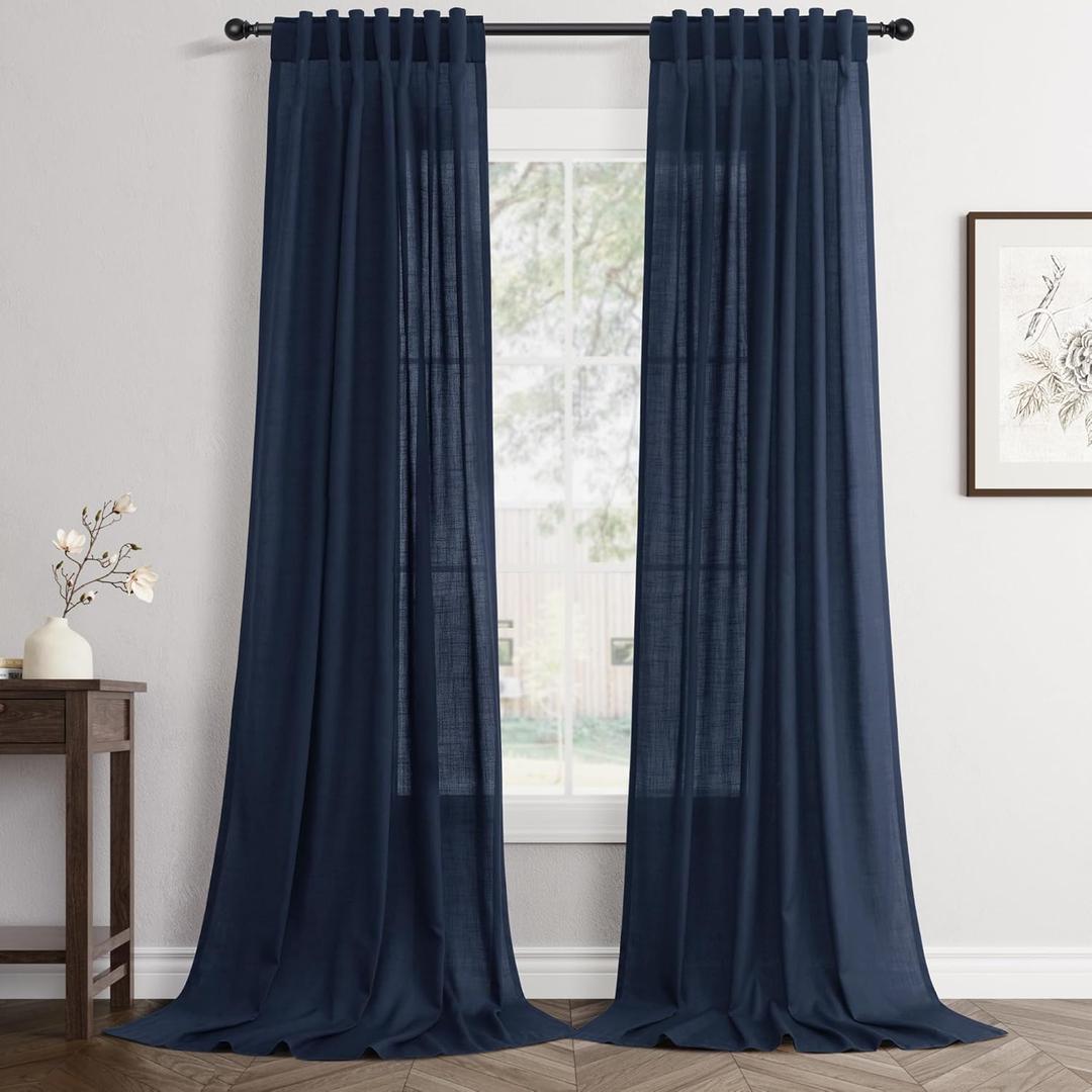 Navy Linen Curtains 102 inch Length 2 Panels Set Modern Farmhouse Living Room Drapes Light Filtering Rod Pocket Back Tab Filtering Privacy Semi Sheer Curtain 102 inches Long
