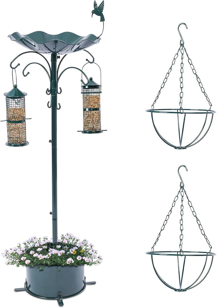 30 Inch Bird Feeding Station, Birds Feeder Pole Hanging Kit, Bird Bath and Feeders Combo for Outdoor, Flower Planter Pedestal Base for Garden 