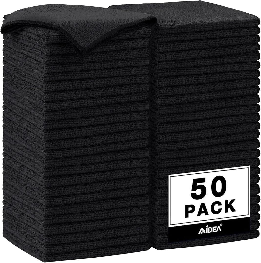 AIDEA Microfiber Cleaning Cloth Black 50PK, Microfiber Towels for Cars, Premium Car Cloths, Dusting Cloth Lint Free Cleaning Rags for SUVs, House, Kitchen, Window, Workshops,12x12"