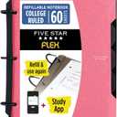 Five Star Flex Refillable Notebook + Study App 1 Inch O-Rings Binder with Pockets Tabs and Dividers, 220 Sheet Capacity, Includes 60 Sheets 8.5" x 11" College Ruled Paper, Prom Pink (293280R)