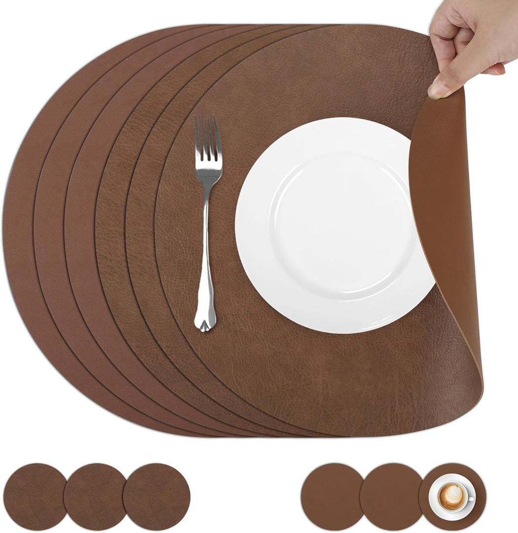 comfoyar Faux Leather Round Placemats with Coasters Set of 6, 13x13 Inch Non-Slip Heat Resistant Dual-Sided Brown Place Mats, Waterproof Table Mats for Kitchen Dining Party Table Decoration