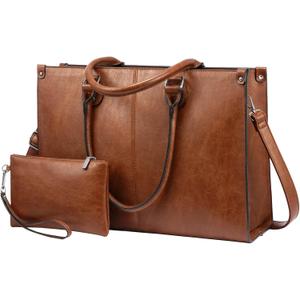 LOVEVOOK Laptop Tote Bag for Women, 17.3 Inch Large Capacity Vintage Leather Work Computer Bag, Business Casual Shoulder Handbag, Dark Brown