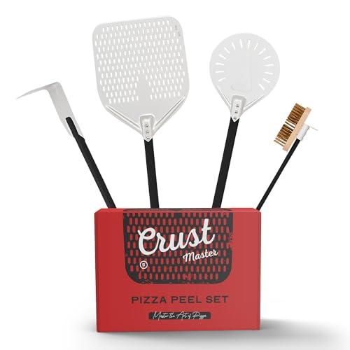 CrustMaster Pizza Peel Set - 12x14" Rectangular Peel, 9" Round Turning Peel, Brass Brush, Ash Rake - Perfect Pizza Oven Accessories for Ovens & BBQ - Pizza Pan - Aluminum & Stainless Steel Tools