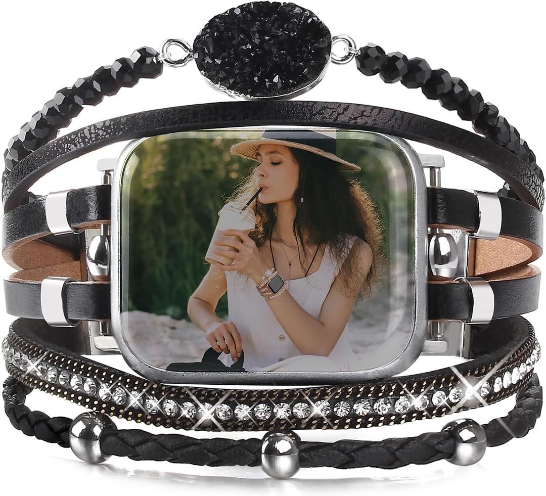 CHARMINGO Boho Leather Bracelet Compatible with Apple Watch Bands for Women Men 38mm 40mm 41mm 42mm 44mm 45mm 46mm 49mm - Multilayer Wrap Dressy Apple Watch Strap for Cute Iwatch Band Series 11 10 9 8 7 6 5 4 SE 3 Ultra 3 2 1