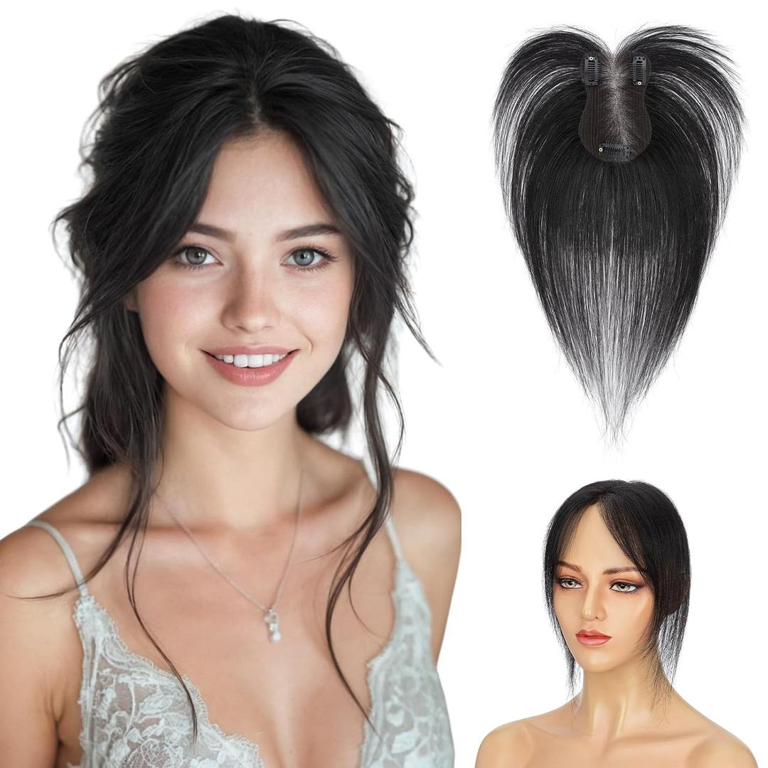Hairro Human Hair Toppers For Women No Bang Middle Part Side Bangs Hair Clip Wispy Thin Short Wiglet Hairpieces 11 Inches 14g #1B Natural Black