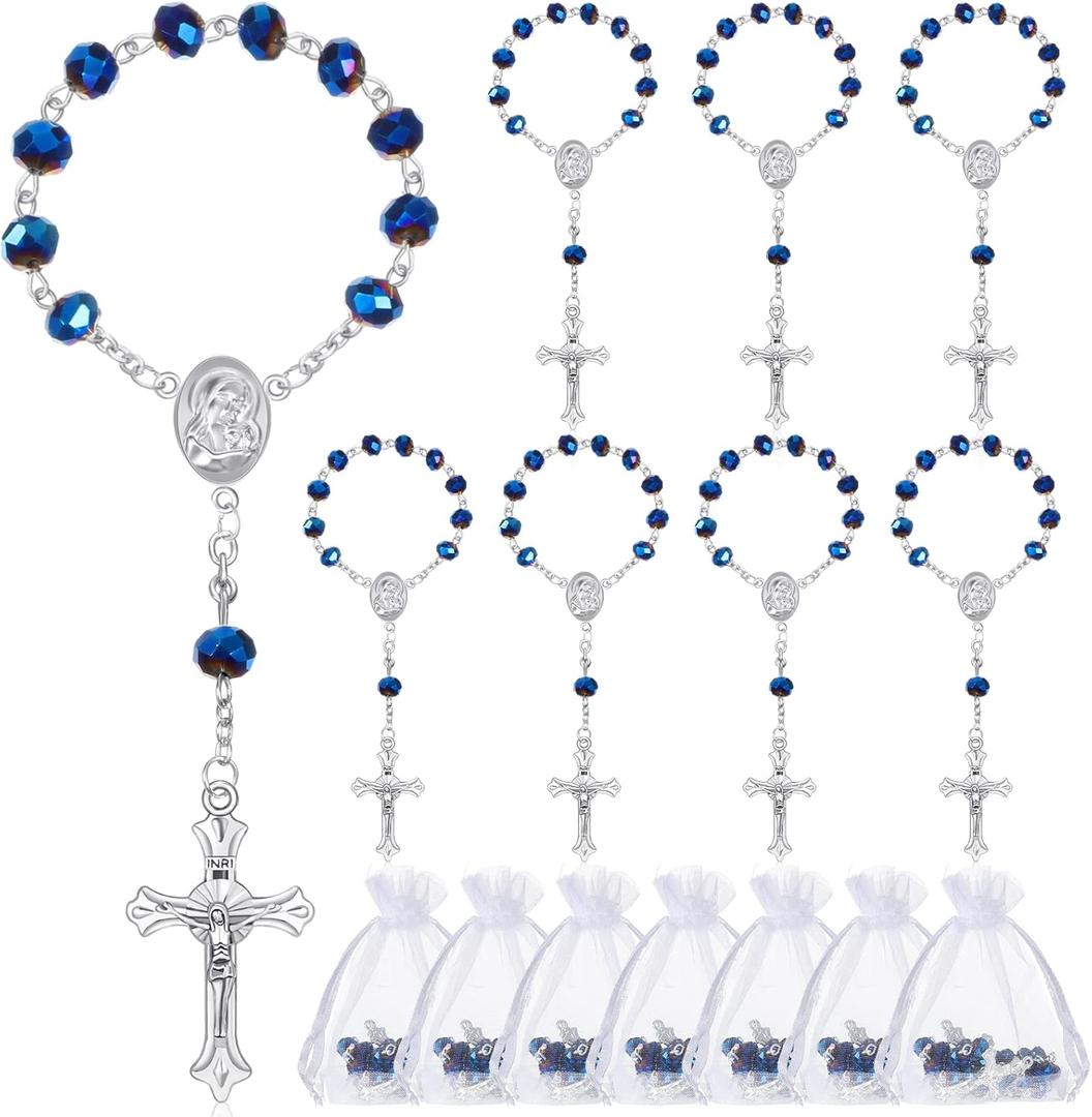 Sureio 50 Sets Baptism Favors Rosary Set Including Mini Rosary Beads Baptism Favors Organza Bags for Baby Shower Wedding Supplies Gifts for Christening Weddings First Communion Easter Gift (Blue)