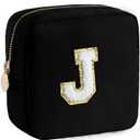 4 x HBselect Small Makeup Bag Personalized Initial Letter Mini Makeup Bags Nylon Chenille Letter Patch Cosmetic Bag Cute Waterproof Pouch Travel Toiletry Bag Preppy Coin Purse Gift for Women Teen Girls (J, Black)