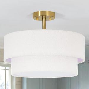 16.5'' Semi Flush Mount Ceiling Light, 3-Light Gold Ceiling Light Fixture with 2-Layer White Plush Shade, Farmhouse Drum Close to Ceiling Light for Living Room, Hallway, Bedroom, Kitchen, Dining Room