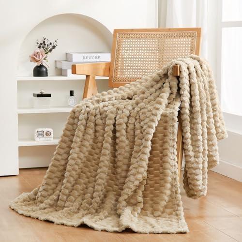 Puncuntex Beige Throw Blanket 90"×90" inches Fuzzy 3D Jacquard Decorative Flannel Fleece Super Soft Plush Cozy Blanket for Couch Sofa Chair Lightweight