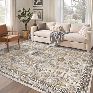 Madane 6x9 Area Rugs for Living Room, Stain Resistant Washable Rugs, Non-Slip Backing Area Rug, Vintage Home Decor Rug for Bedroom (Brown/Gold, 6'x9')