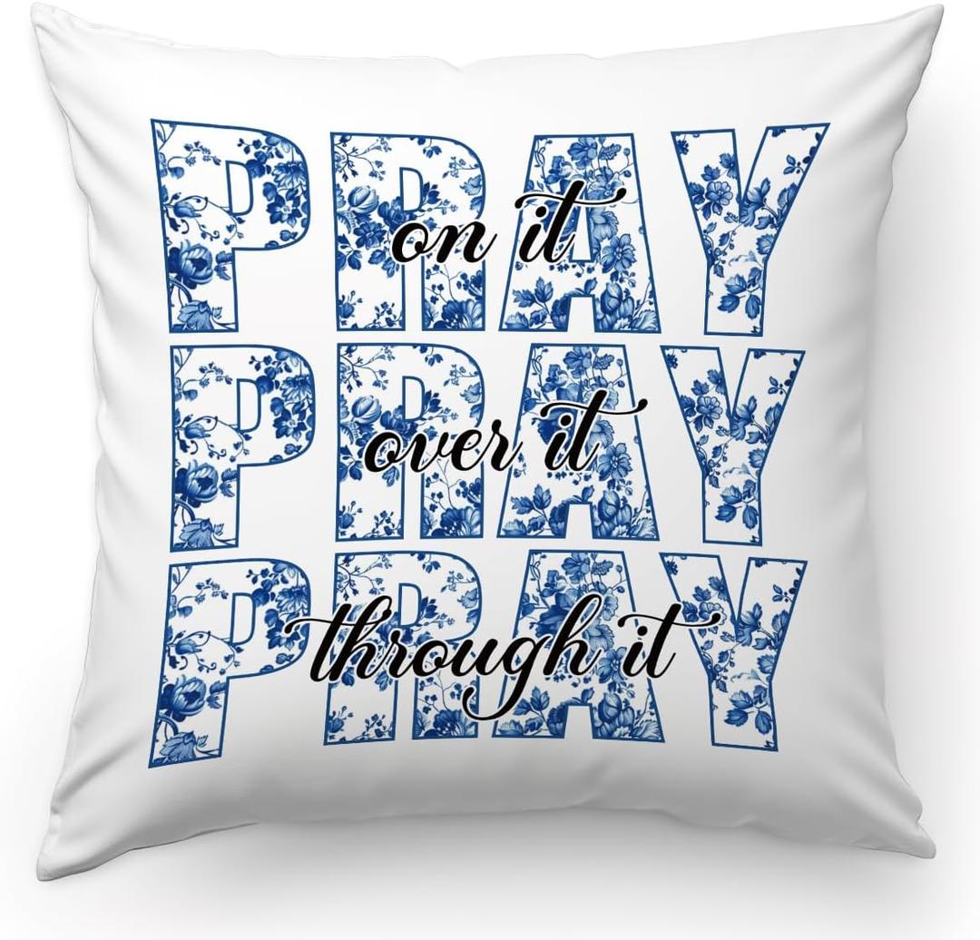 2 x KongMoTree Pink Coquette Bow Christian Pillows Covers, Christian Gifts for Women, Inspirational Bible Verse Pillow Covers, Flannel Pillow Cases Decor for Couch Bedroom Prayer Room - Pray Blue Floral