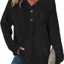 Women's Tops Waffle Knit V-Neck Long Sleeve T-shirts Button Down with Pockets Tunic Fashion Clothing (XXL, Black)