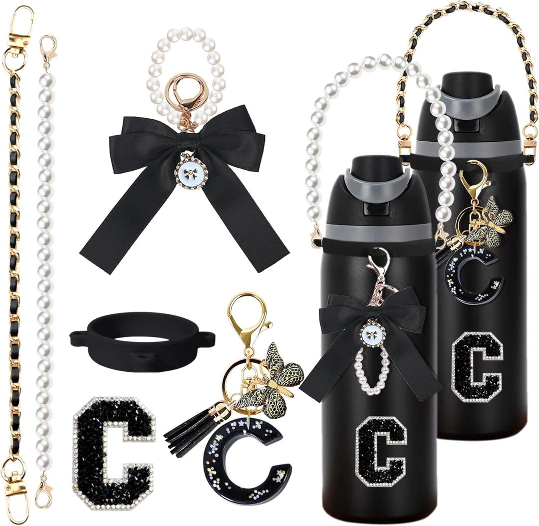 6Pcs Letter Accessories for Owala Water Bottle 24oz 32oz 40oz, with Cute Initial Charm and Handle Strap, Compatible with Owala Free Sip, Kids Bottle,Stanley Cup Accessories (Black)