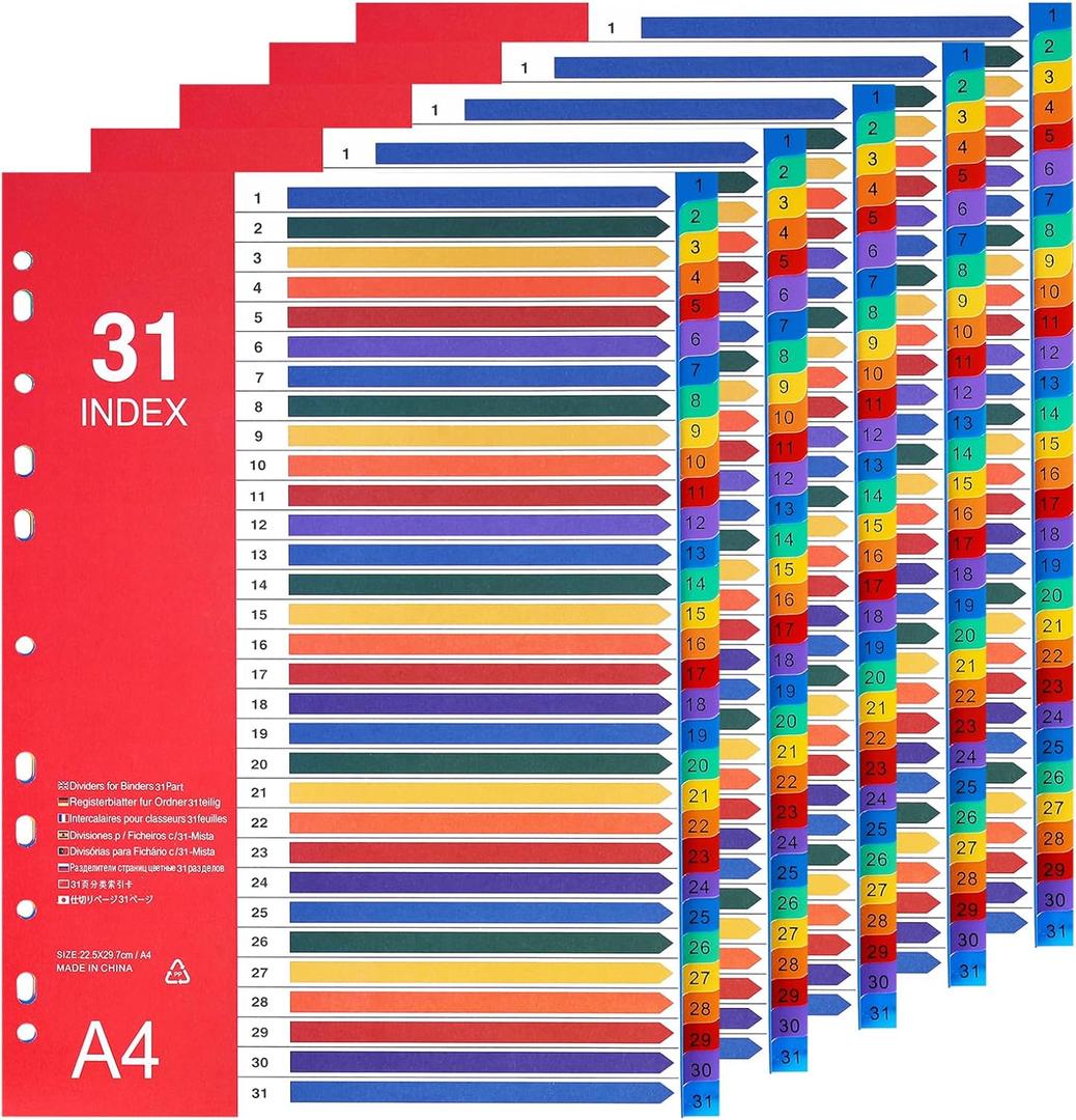1-31 Tab Dividers, Plastic Binder Dividers for 2/3/4 Ring Binder, Customizable Table of Contents, Multicolor Number 1-31 Tabs, 5 Sets/ A4 Size