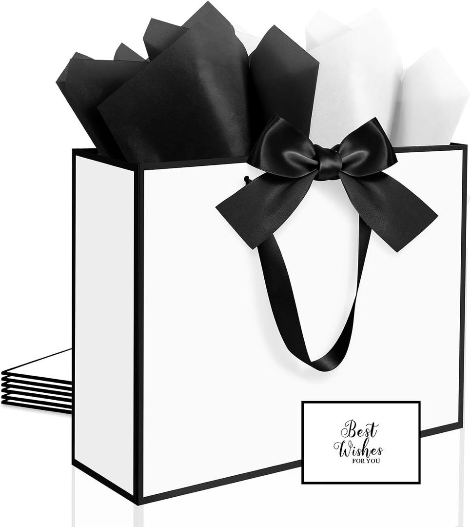 Ethhqu 3 Pack Elegant Large Gift Bags with Handles, 12.6x10x4 Inch - Set Includes Tissue Paper & Cards for Birthday, Baby Shower, Wedding, Anniversary, Mothers Day & Holiday Gifts (3Pcs White with Black Rim)