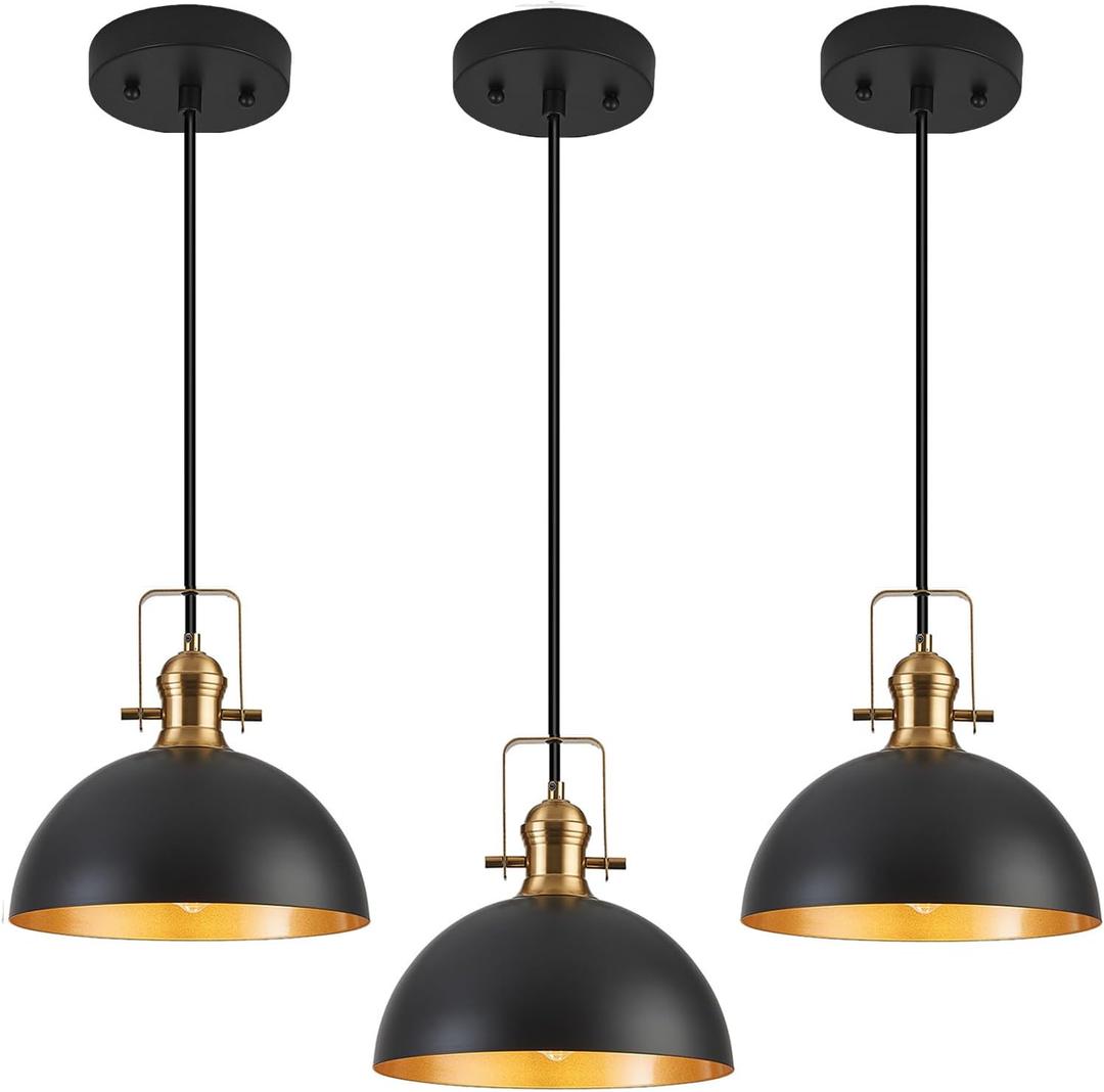 12 Inch Pendant Lights for Kitchen Island Matte Blacks Farmhouse Pendant Light fixtures Adjustable Height Dome Hanging Light for Dinning Room Bedroom Hallway,3 Packs