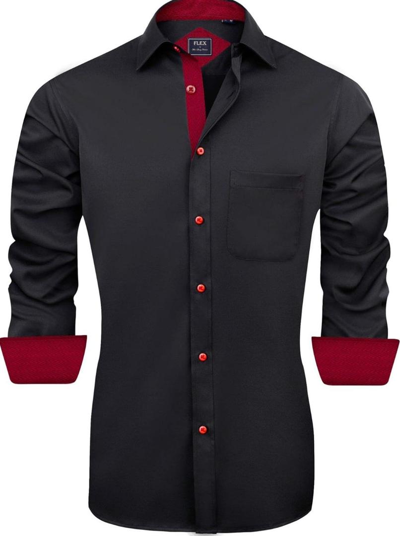 J.VER Men's Casual Long Sleeve Stretch Dress Shirt Wrinkle-Free Regular Fit Button Down Shirts, Large Tall, Black 