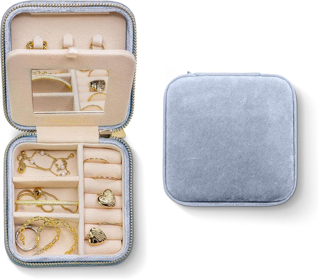 Benevolence LA Plush Velvet Jewelry Box | Travel Jewelry Case Organizer with Mirror | Featured in Oprah's Favorite Things | Best Gifts For Daughter, Girlfriend, Mom | Gifts For Her - Periwinkle Blue