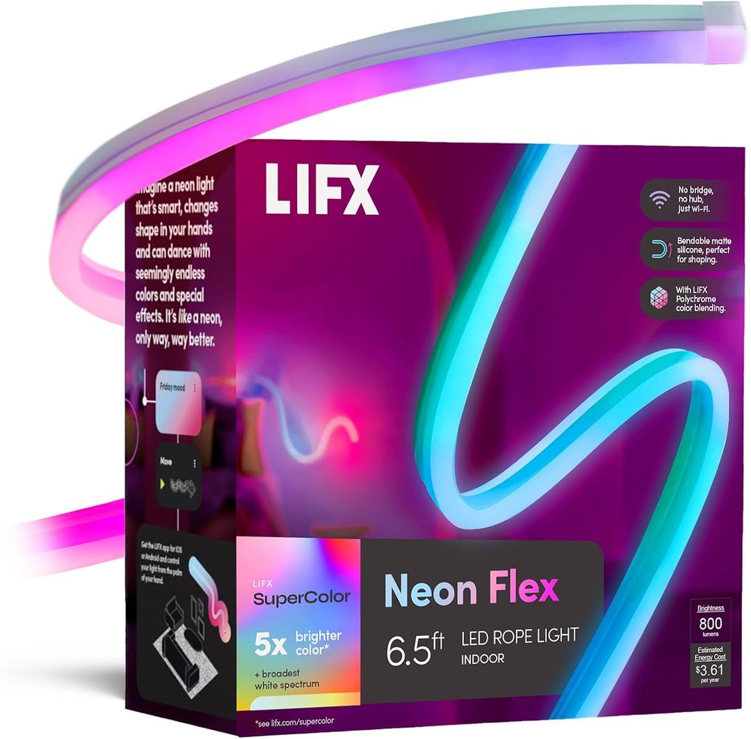 LIFX Neon Flex SuperColor LED Strip Light, 6.5ft Bendable Silicone Neon Rope with Polychrome 24-Zone RGBW Smart Lighting, Wi-Fi, Voice Control, No Hub Required, LFXNEON6.5