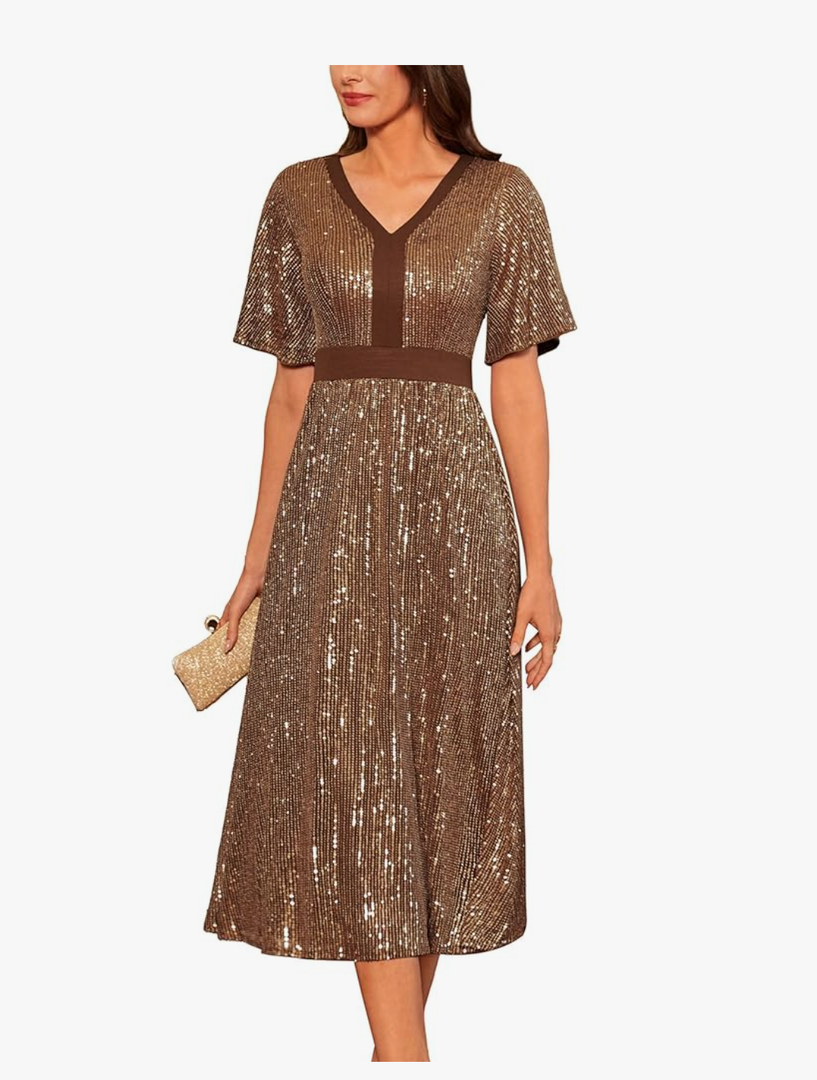 GRACE KARIN Women's Sequin V Neck Ruffle Sleeve Empire Waist Sparkly Glitter A Line Cocktail Formal Dresses Size XL
