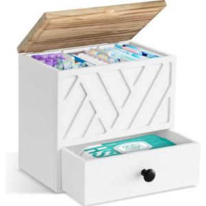 Tampon Holder for Bathroom Decor, Feminine Product Organizer with Lid and Drawer, Shark Week Tampon Storage, Wood Pad and Tampon Organizer for Toilet Organizer, Bathroom Accessories Box for Girl Stuff (White)