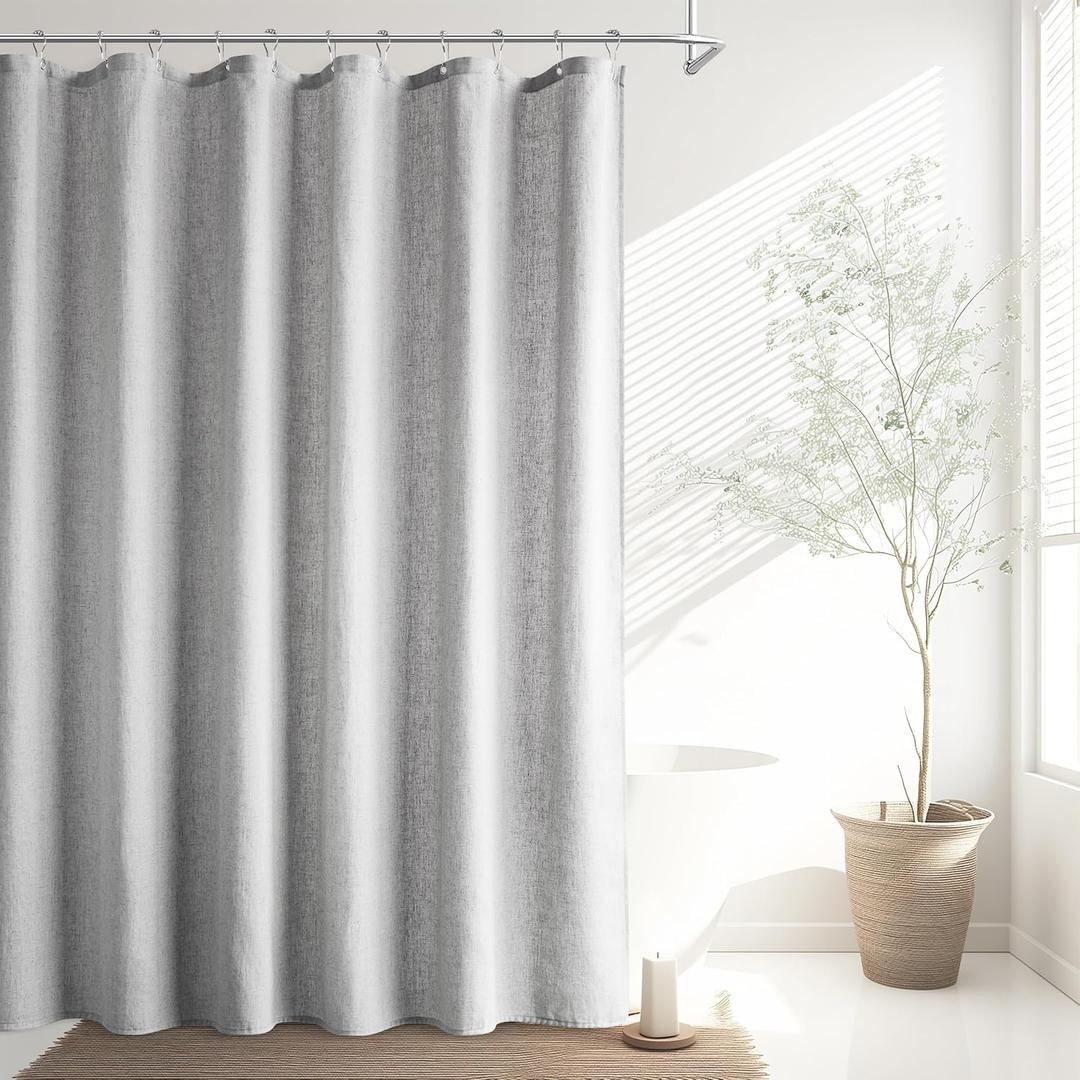 Light Grey Linen Shower Curtain, Boho Farmhouse Shower Curtain Set for Bathroom, 200GSM Luxury Weighted Water Resistant Fabric Textured Shower Curtains with 12 Metal Hooks, 72Wx72H