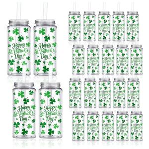 Whaline 20 Pcs Happy St. Patrick's Day Plastic Cups with Lids and Straws Clear Party Drinking Cups Green Shamrock Clover Reusable Tumblers for Irish Holiday Party Supplies