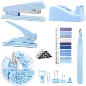 Blue Office Supplies,UPIHO Blue Desk Accessories,Stapler and Tape Dispenser Set for Women with Stapler,Tape Dispenser,Magnetic Staple Remover,Staples,Clips,Hole Punch and Tabs,School Supplies