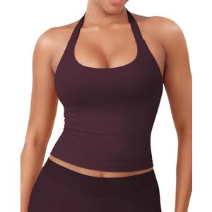 YEOREO SoftHue Women's Impact Halter Tank Top Longline Backless Scoop Neck Built-in Bra Sports Workout Gym Crop Top (X-Large, Mauve)