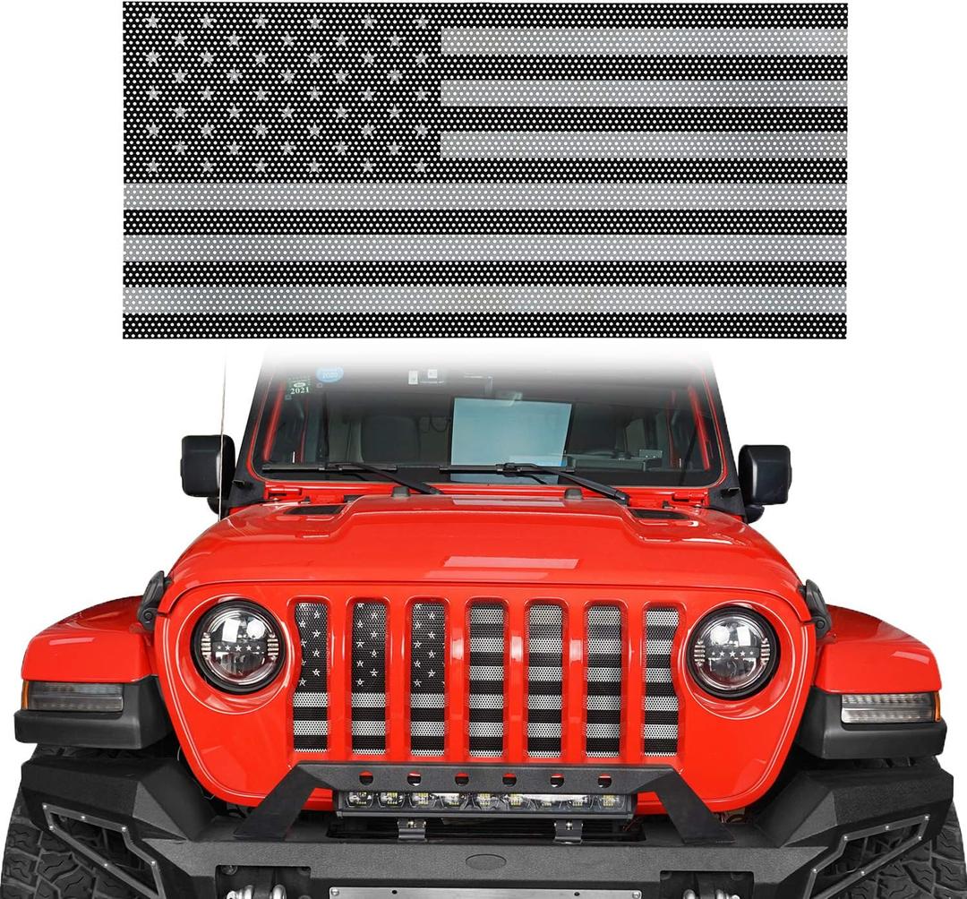 for Jeep Flag Front Grille Grill Mesh Insert Old Glory (Black & White) Compatible with Jeep Wrangler JL & JT Gladiator 2018-2025