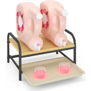 2-in-1 Laundry Detergent Holder & Organizer with Drip Tray, 2-Tier Metal Shelf for Countertop - Soap Dispenser & Storage Stand for Laundry Room, Kitchen, Bathroom, Black