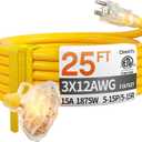 25 ft 12 Gauge Heavy Duty 3 Outlet Extension Cord Splitter with Indicator, Waterproof Outdoor Extension Cord with Multiple Outlets, 15A 1875W for Garden, ETL Listed, Flexible Yellow SJTW