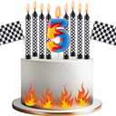 Conelist 15 Pcs Racing Cars Themed Birthday Number Candles Truck Wheel Candle Black and White Checkered Flag Cake Topper Fire Race Car Cake Decoration for Birthday Party Decoration Supplies(Number 5)