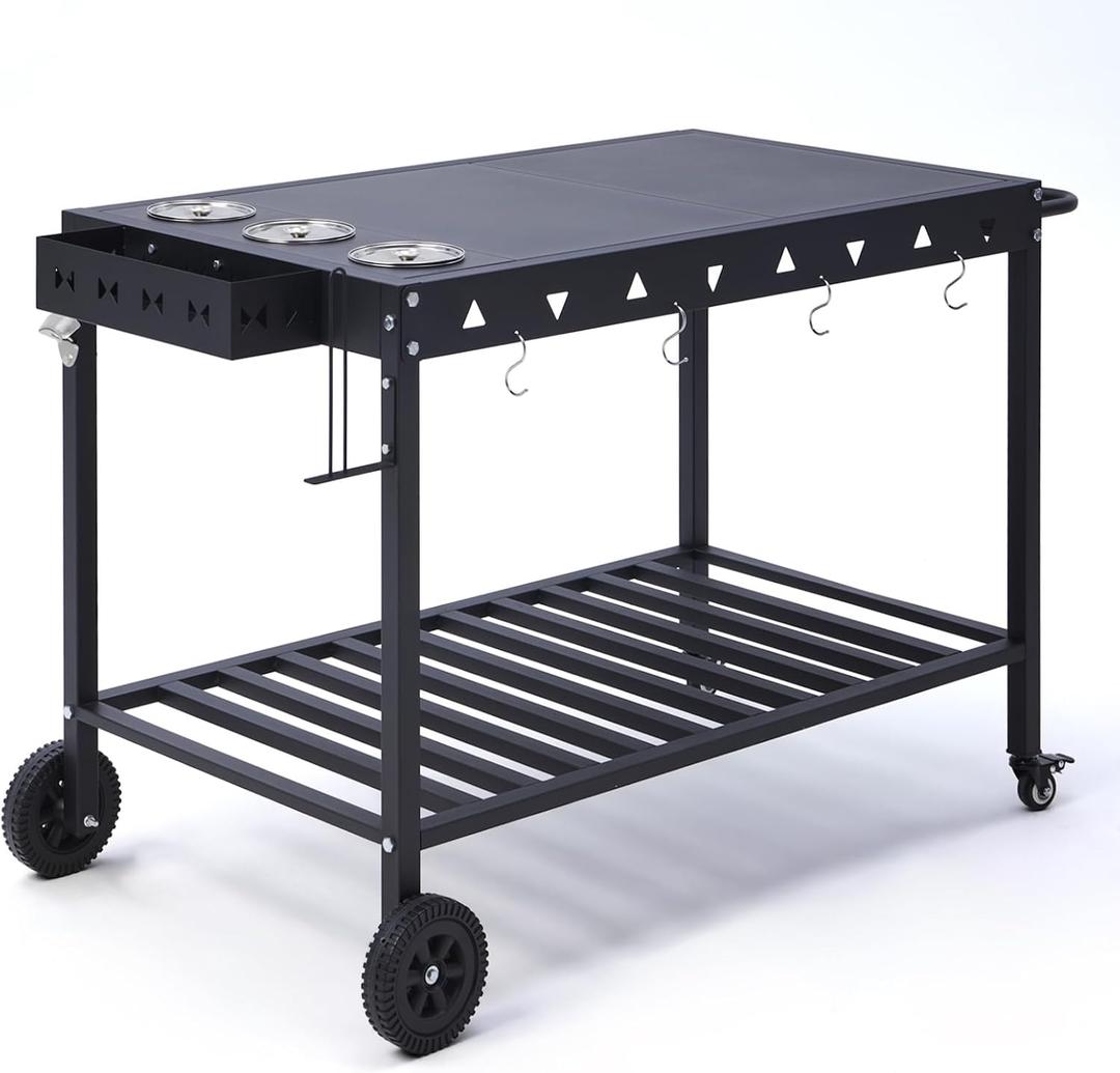 Portable Outdoor Grill Table with Wheels, Heavy-Duty Griddle Stand Grill Cart with Shelves,Towel Holder, Spice Pots & Bottle Opener, Multi-Functional BBQ Prep Station & Utility Cart, 41.46”*23.82“*30.51”- Black