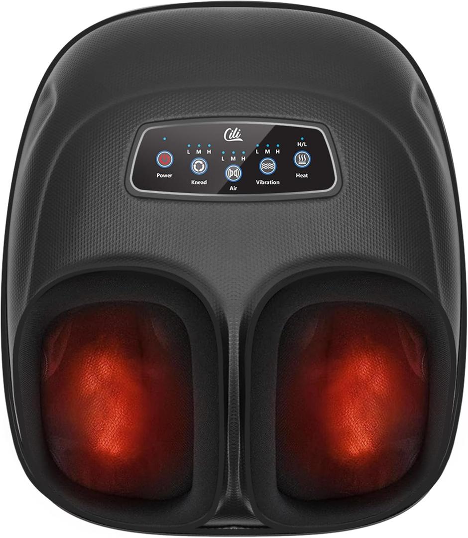 CILI Shiatsu Foot Massager Machine, Electric Heated Feet Massager for Plantar Fasciitis, Kneading Vibration Compression, Detachable Sleeve, Up to Men Size 13, Gifts for Dad Men (Black)
