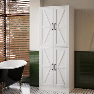 Farmhouse Storage Cabinet - Pantry with 4 Doors, Tall Kitchen Pantry with Adjustable Shelves, Organizer, White Storage Cabinet for Kitchen Dining Room Bathroom