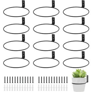12-Pack 8 Inch Flower Pot Holder Ring Hanging Plant Holder Wall Mount Metal Plant Hangers Indoor Outdoor Planter Hooks Brackets for Patio, Garden, Home, Matte Black