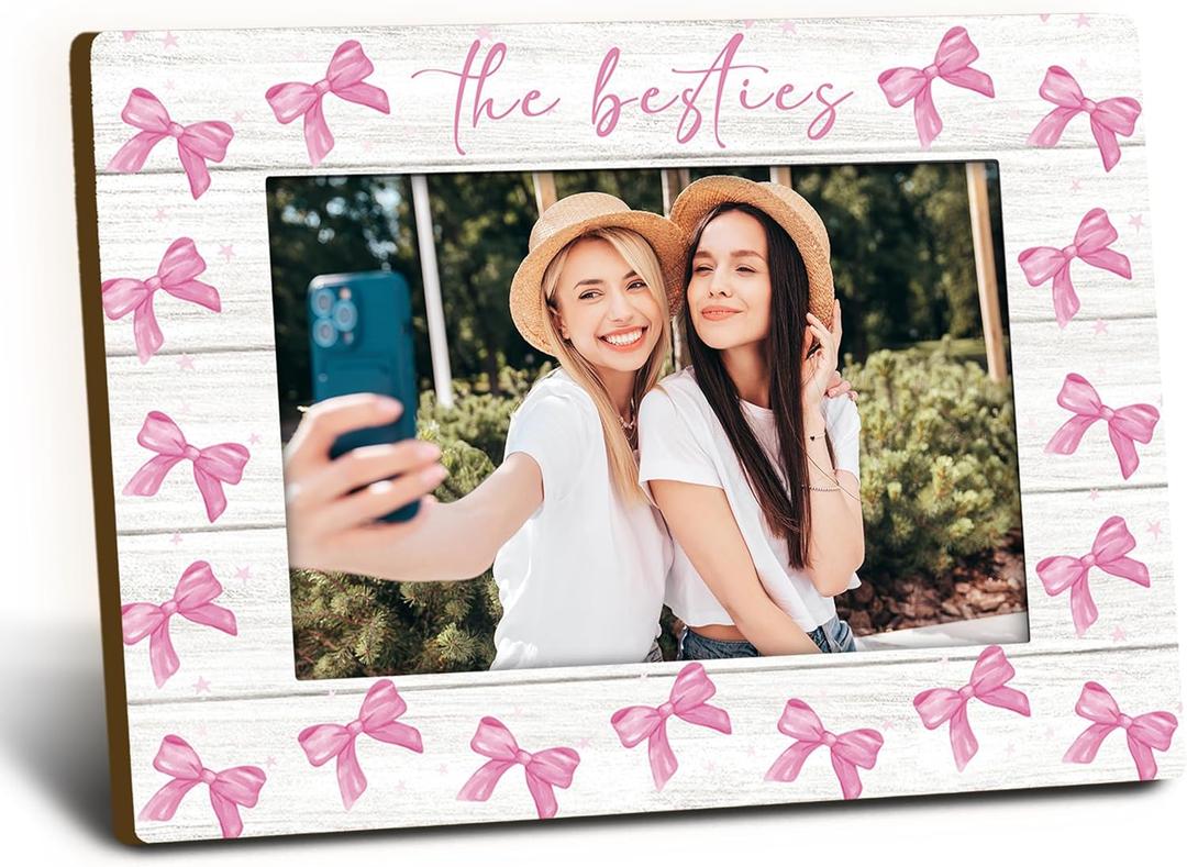Besties Gifts Picture Frame 4x6, Best Friends Besties Wooden Picture Frame, Christmas Birthday Gifts for Bestie Best Friends Women, Pink Bow Decorative Photo Frames for Table Desk Decor