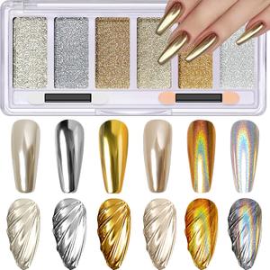 2 x Gold Silver Chrome Nail Powder, 6 Colors Holographic Unicorn Iridescent Nail Chrome Powder, Metallic Mirror Effect Light Gold Champagne Chrome Powder Palette Pigment Glitter for Nail Art