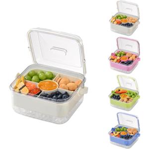 Divided Chilled Serving Tray for Parties, Ice Chilled Party Platter, Ice Serving Bowl with Lid and Handle, Charcuterie Serving Board, Cold Dish Dip for Fruit, Seafood, and Vegetable, Shrimp Cocktail Appetizer. (White)