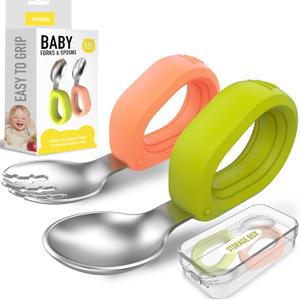 Toddler Utensils - Baby Forks and Spoons Set - Kids Stainless Steel Silverware - Children Safe - Self Feeding - Dishwasher Safe (Orange + Green)