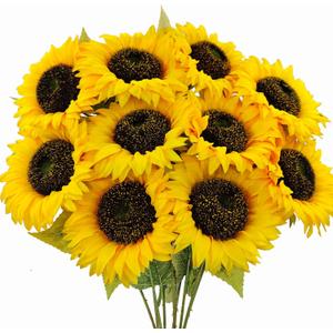 10 Pcs Sunflowers Artificial Flowers with Long Stems Silk Fake Large Sunflowers Bouquet Faux Sunflower Arrangement for Outdoor Indoor Home Vase Table Wedding Party Garden DIY Decor (Yellow)