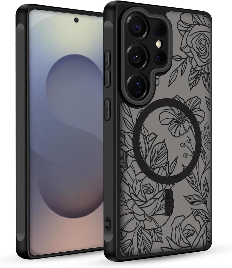 for Samsung Galaxy S25 Ultra Case, Black Floral Flower Pattern Print Case [Compatible with MagSafe] [Translucent Matte] Cute Slim Shockproof Protective Women Girls Phone Case 6.9", Floral Flower
