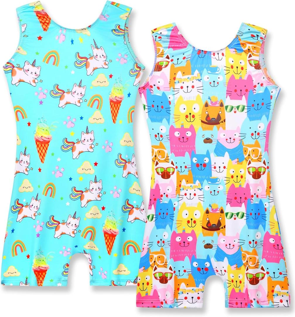 Nymphperi 2 Pack Gymnastics Leotards for Girls Cute Biketards with Shorts Kids Sleeveless Unitard Dance Sportswear