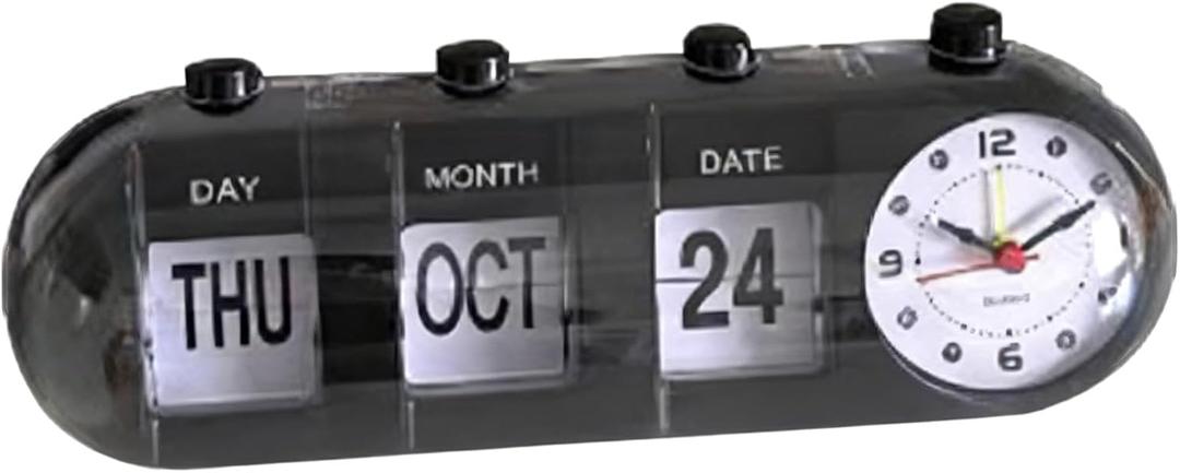 Flip Clock, Retro Table Clock Non Ticking Calendar Alarm Clocks Manual Jump Desktop Clocks with Date, Month, Day of Week Display(Black)