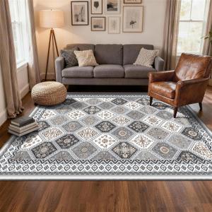 Area Rugs 5x7, Washable Rugs for Living Room, Soft Non-Slip Boho Moroccan Rug, Low-Pile Gray Rug for Bedroom, Dining Room, Playroom -Gray/Gold