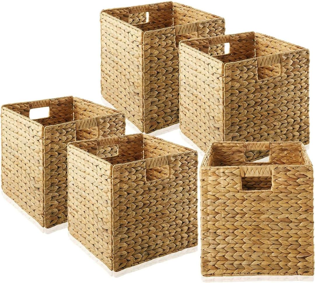 10.5x10.5in Storage Baskets Set of 5 Water Hyacinth Baskets,Foldable Handwoven Storage Cubes,Wicker Cube Baskets Laundry Organizer Totes for Bathroom, Bedroom, Laundry, Pantry, Shelves