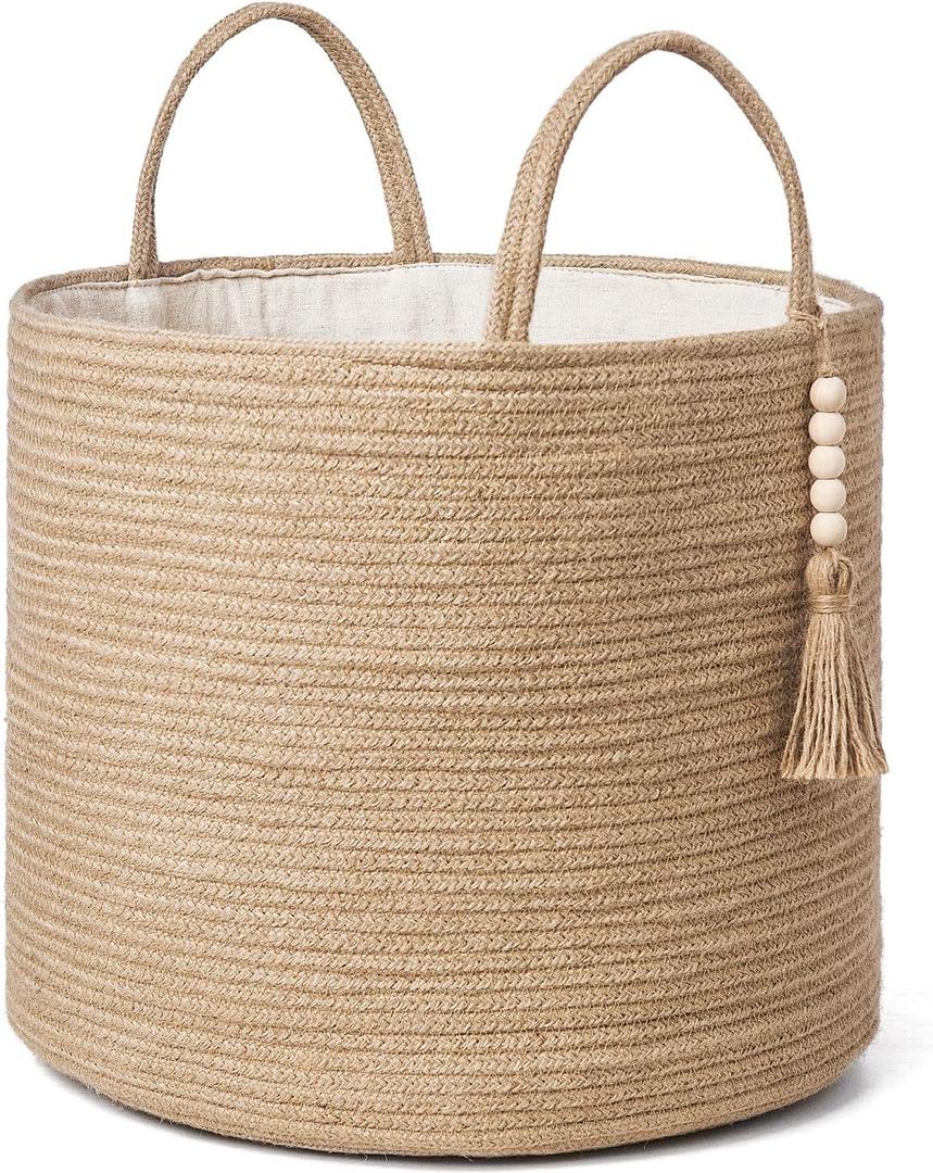 Mkono Woven Storage Basket Decorative Natural Rope Basket Wooden Bead Decoration for Blankets, Toys, Clothes, Shoes, Plant Organizer Bin with Handles Living Room Home Decor, Jute, 16" W × 13.8"L