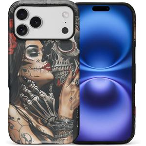CARLOCA for iPhone 17 Pro Max Case Full Body Hybrid 2-Layer Matte Hard Shell Silicone Protective Case for iPhone 17 Pro Max Pattern Skeleton Girl Love Day of The Dead